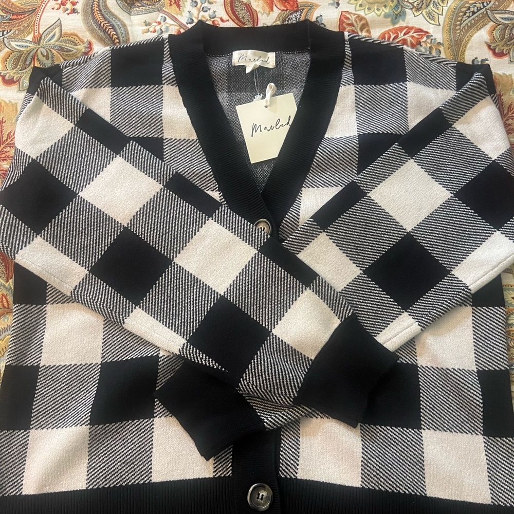 NWT Ladies Marled Black & White Buffalo Plaid Checkered Cardigan Sweater, Sz Lg